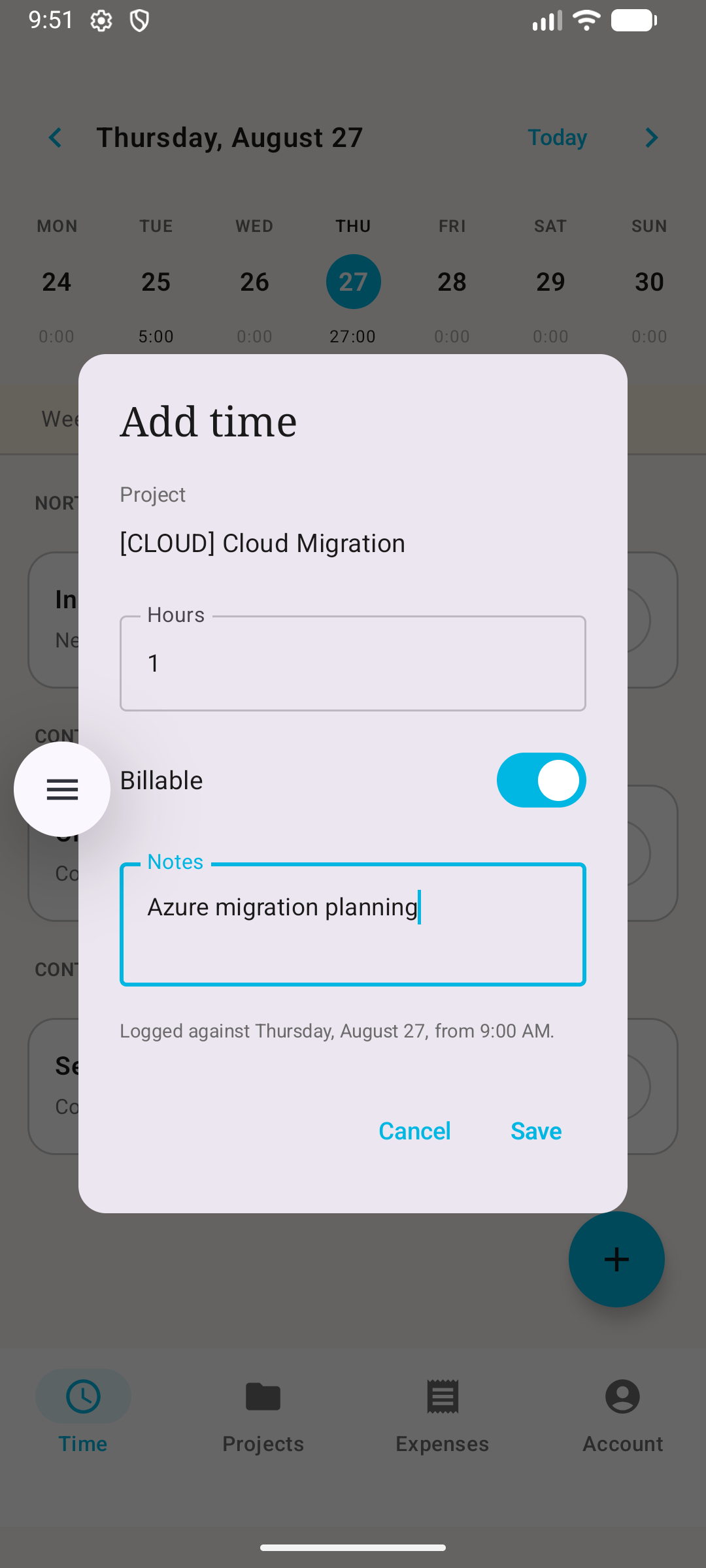 Latinum mobile add time entry